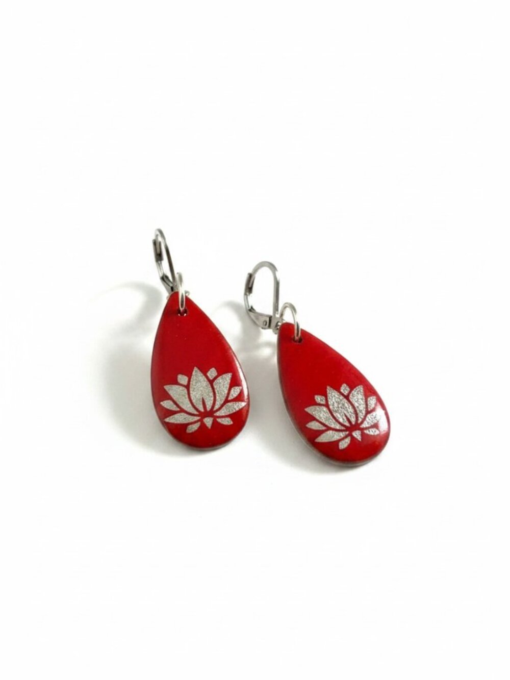 Czech Glass Lotus Earrings Red Double-Sided Teardrop Dangle Stainless Steel